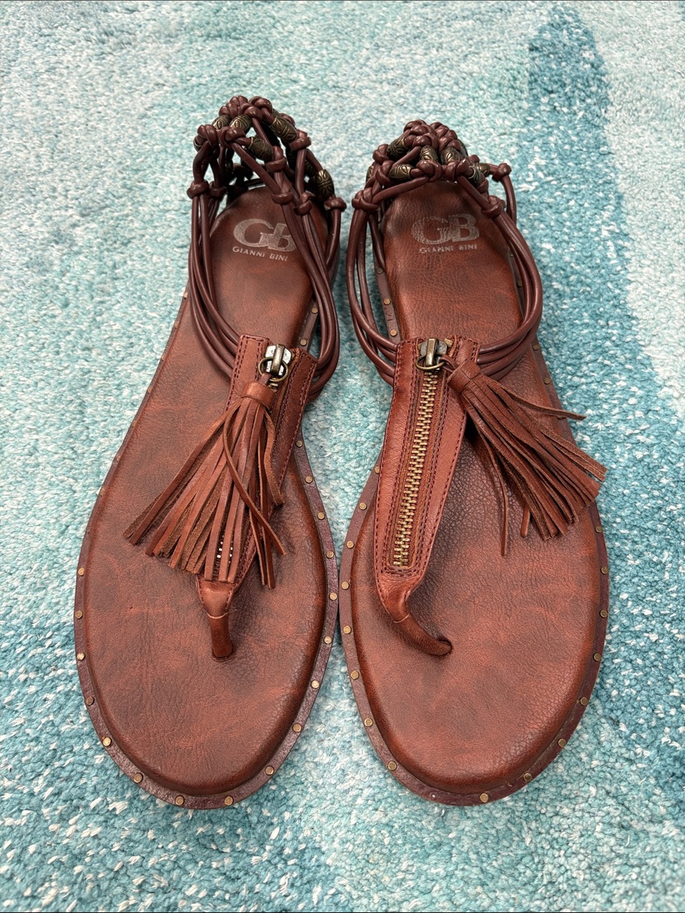 Gianni Bini Gladator Tassel and Zipper Flat Sandals, Sz 9.5